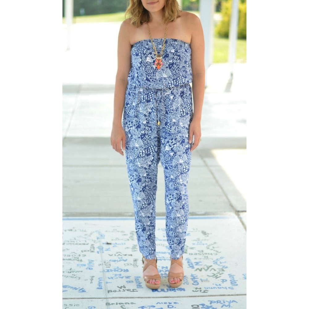 Lilly Pulitzer for Target Blue White Fish Print Strapless Jumpsuit Womens L